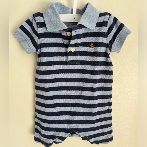 BABY GAP Boy Blue Polo Shorts Romper One Piece Striped With Bear SZ 3-6 months - Picture 1 of 6